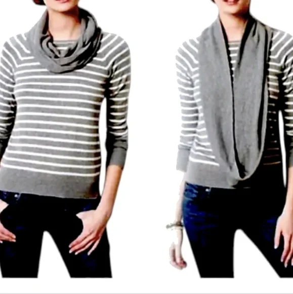 🔥Final ANTHROPOLOGIE‎ Change of the Moon Cowl Neck Sweater Gray /Ivory Stripe … - Picture 2 of 8